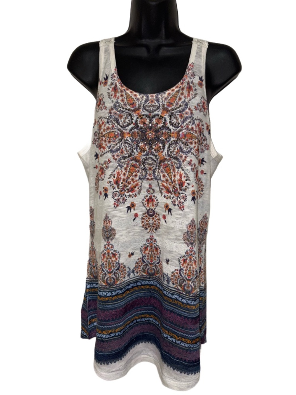 Beaded Floral Print VOCAL Tank Top - Cream